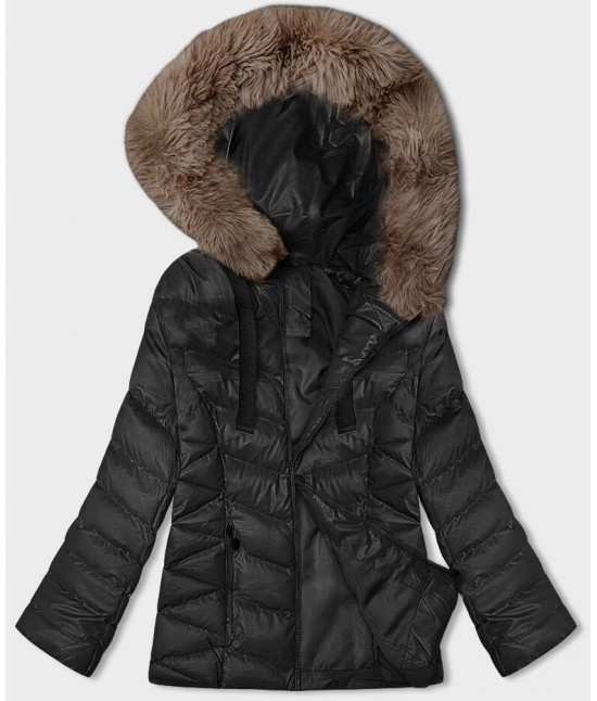 Krátka dámska zimná bunda MODA3138 čierno-béžová