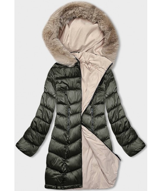 Obojstranná dámska zimná bunda MODA8202 khaki-béžová