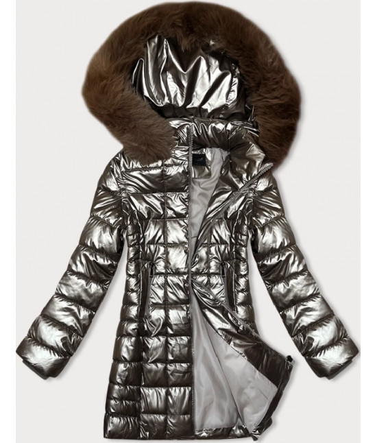Metalická dámska zimná bunda s kapucňou MODA9120 staré zlato