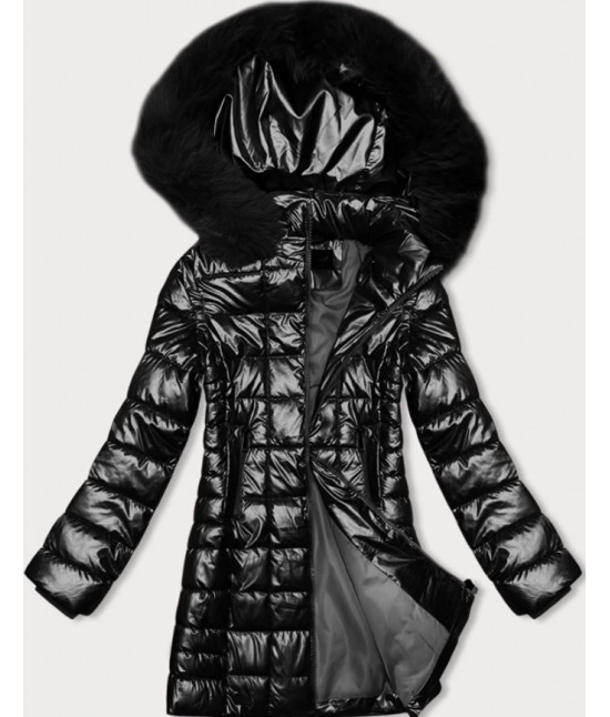 Metalická dámska zimná bunda s kapucňou MODA9120 čierna