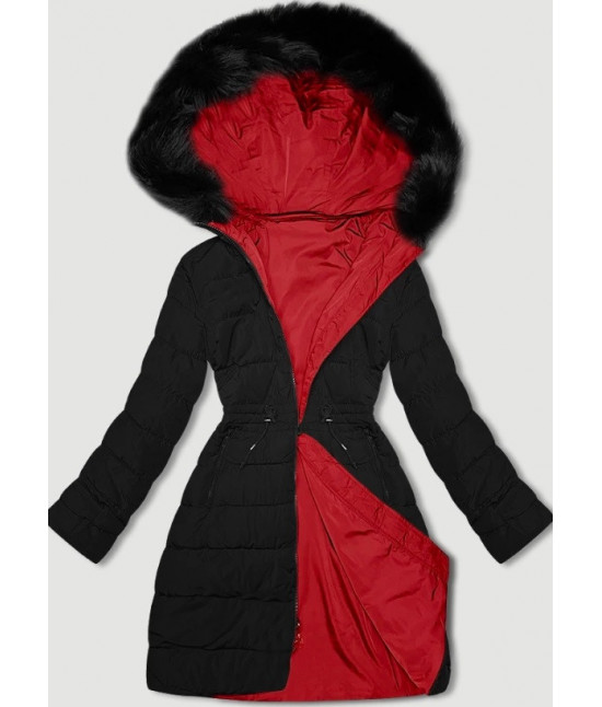 Dámska bunda s kapucňou MODA9159 červeno-čierna