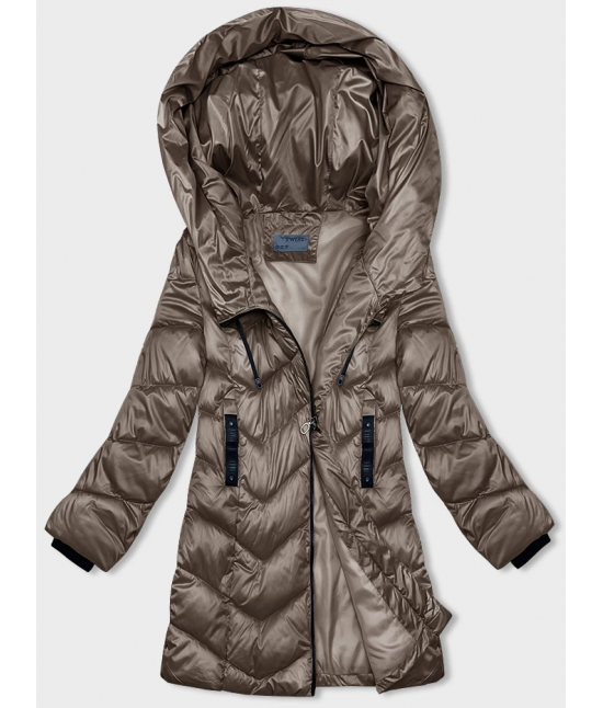 Zimowa kurtka damska z asymetrycznym zamkiem ciemny beż (B8167-12)