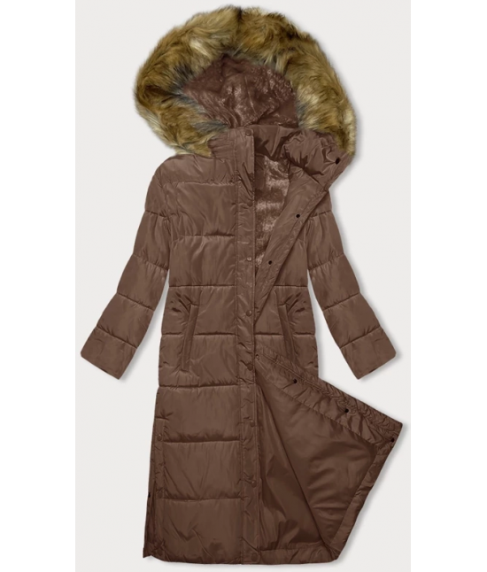 Dlhá dámska zimná bunda s kapucňou MODA726 camel