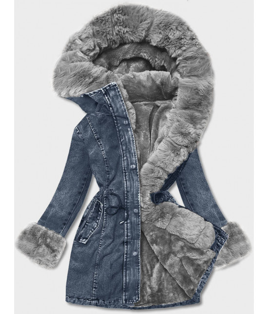 Damska kurtka jeansowa na futrzanej podszewce niebieski/szary (R8068-5009)