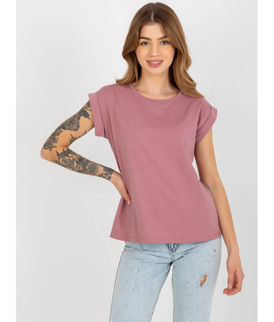 Bawełniany t-shirt z podwijanymi rękawkami Feel Good brudny różowy (4833-35)