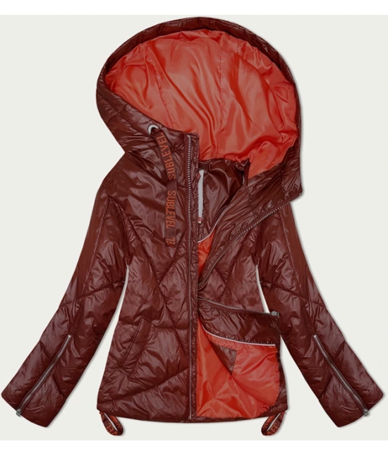 Przejściowa pikowana kurtka damska z kapturem ciemny rudy (21300)