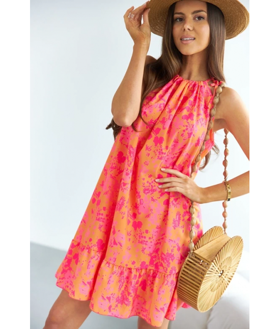 Dámska šaty s voĺánom MODA653 pomarančovo-ružové