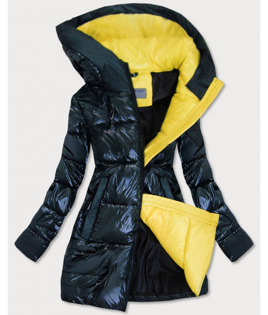 Lesklá dámska zimná bunda MODA9545 tmavomodro-žltá