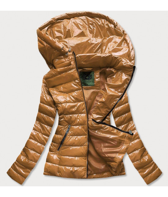 Krátka dámska prešívaná jarná bunda s kapucňou MODA333 horčicová