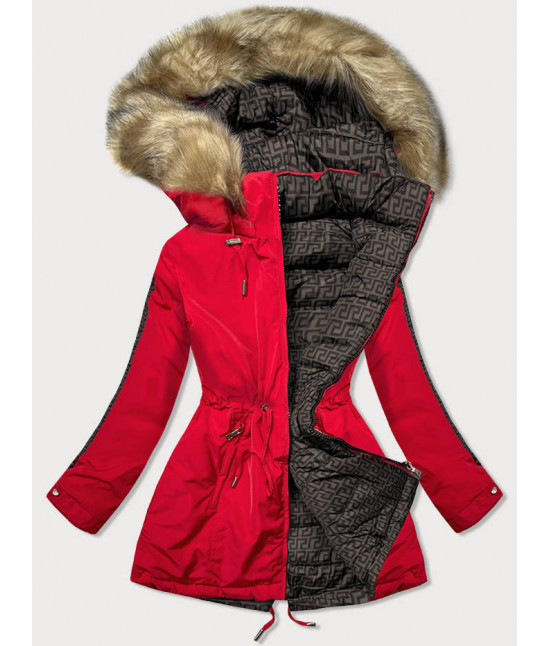 Dámska obojstranná zimná bunda MODA555 červeno-hnedá