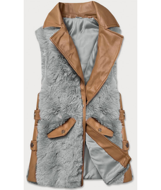 Dámska elegantná vesta z eko-kože MODA592 karamelovo-šedá