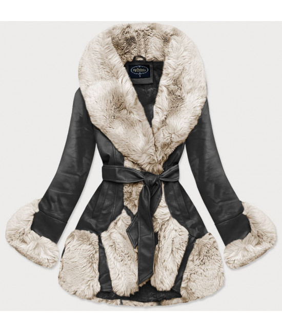 Elegantná koženková zimná bunda MODA2018 čierno-ecru