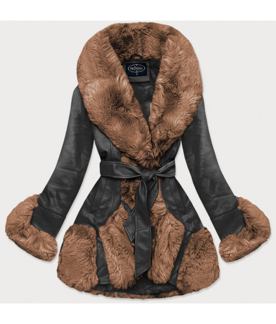 Elegantná koženková zimná bunda MODA2018 čierno-hnedá