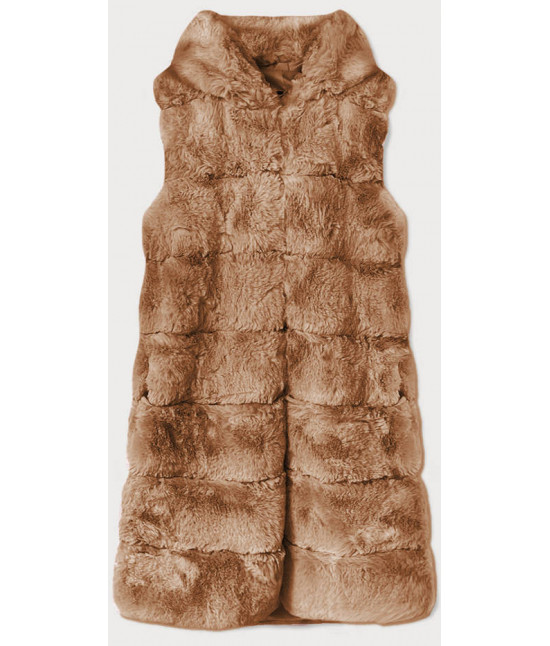 Dlhá dámska kožušinová vesta s kapucňou MODA745 svetlohnedá