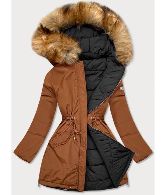 Dámska obojstranná zimná bunda MODA210A5 karamelovo-čierna