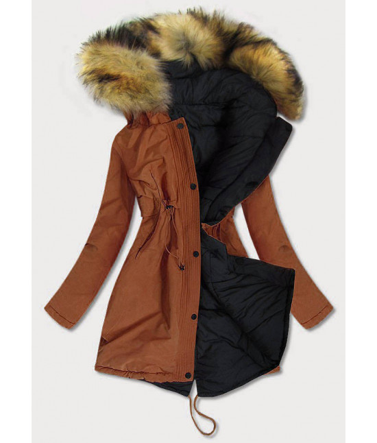 Dámska obojstranná zimná bunda MODA136 karamelovo-čierna