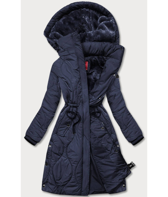 Dámska dlhá zimná bunda po kolená MODA1601 tmavomodrá