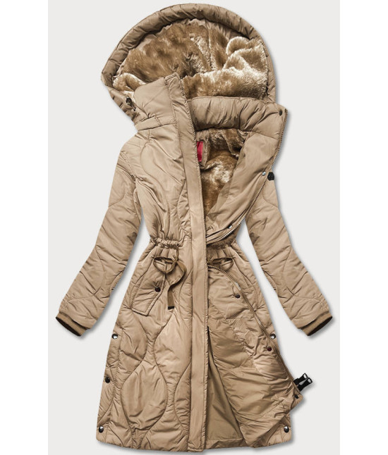 Dámska dlhá zimná bunda po kolená MODA1601 béžová