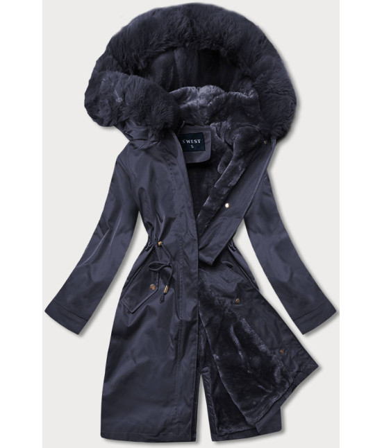 Teplá dámska kožušinová zimná bunda MODA537 tmavomodrá
