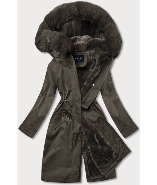 Teplá dámska kožušinová zimná bunda MODA537 khaki