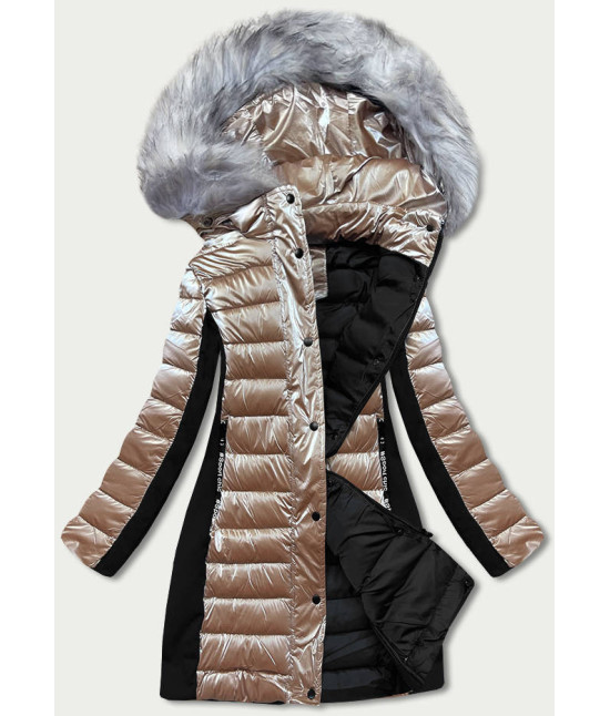 Dámska zimná bunda s kombinovaných materiálov MODA067 béžová