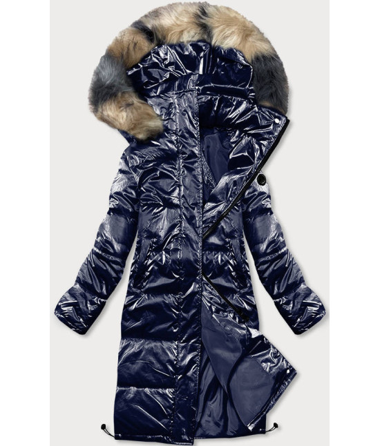 Lesklá dámska zimná bunda MODA590 tmavomodrá