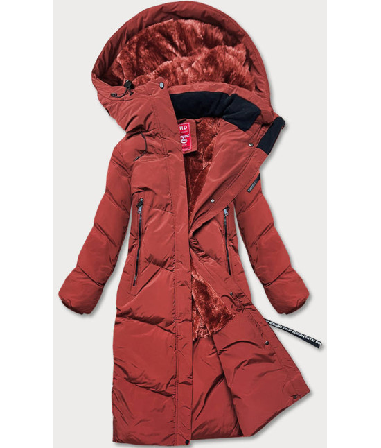 Dlhá dámska zimná bunda s kožúškom MODA011 tehlová
