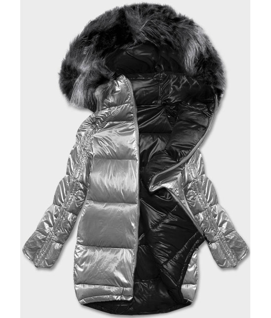 Dámska obojstranná zimná bunda oversize MODA1088 šedo-čierna