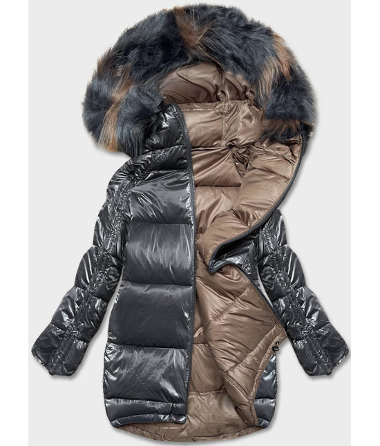 Dámska obojstranná zimná bunda oversize MODA1088 tmavošedo-béžová