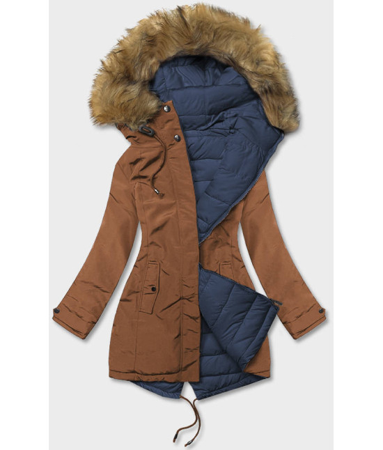 Dámska obojstranná zimná bunda MODA21508 karamelovo-tmavomodrá