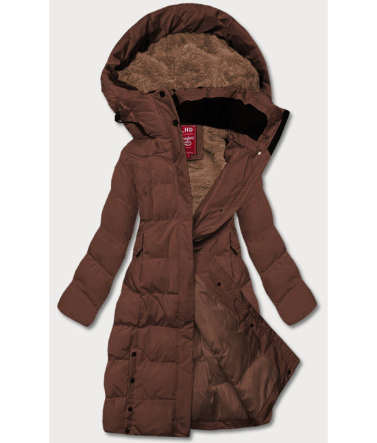 Dlhá dámska zimná bunda s kožúškom MODA025 hnedá
